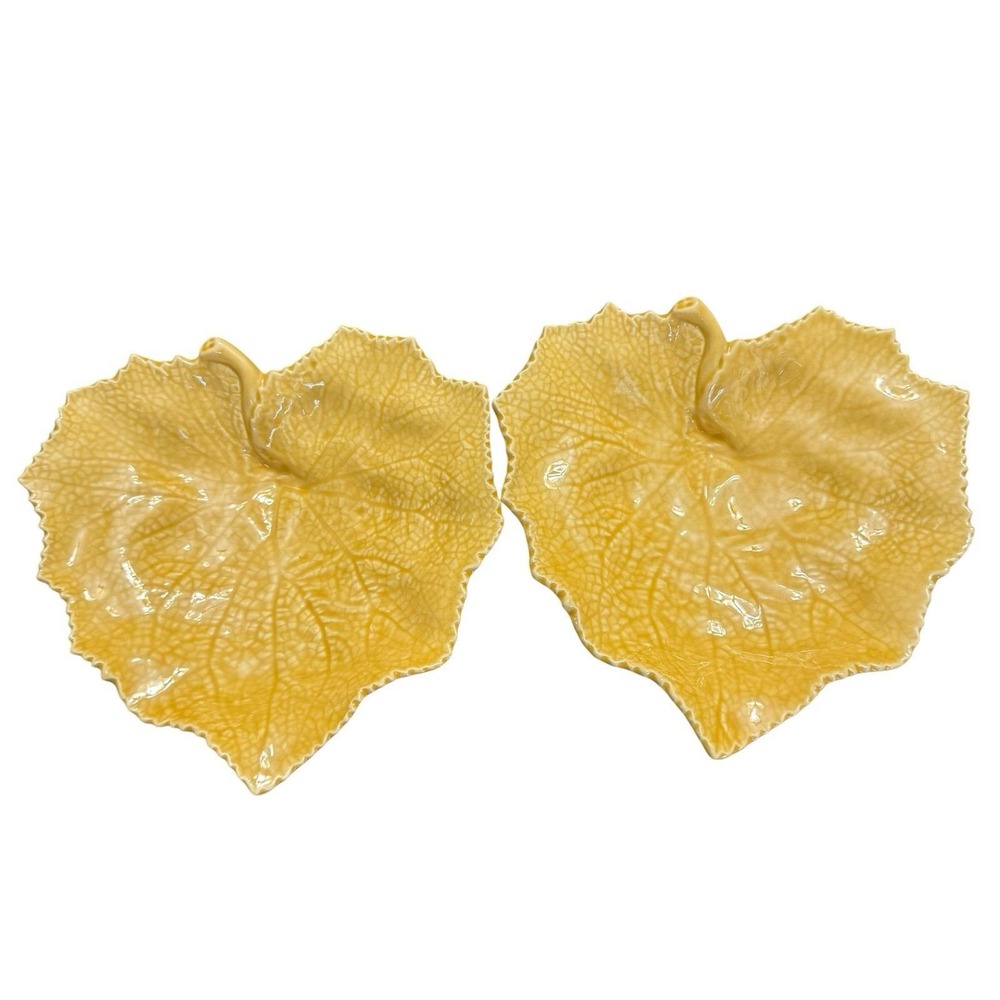 Bordallo Pinheiro Yellow Leaf Dishes Set of 2 Portugal Majolica Trinket Bowls